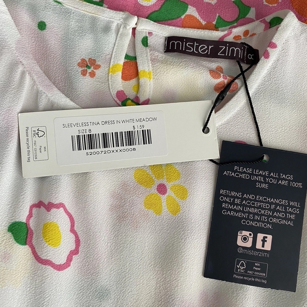 Mister Zimi Tina Lightweight Dress White Meadow Floral Sleeveless A-Line Size 8 - Picture 13 of 15